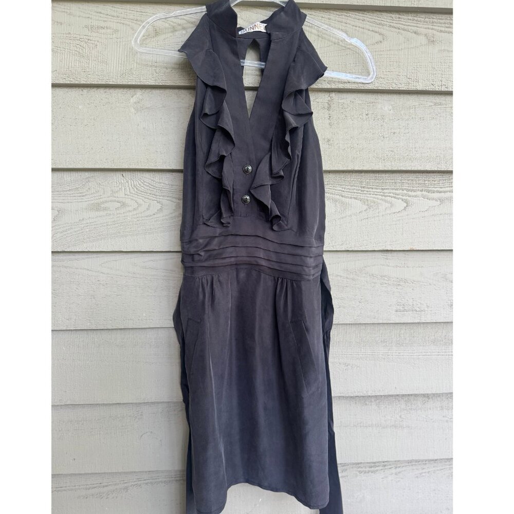 Sunner Black Silk Halter Dress Size 4 Ruffle Front Cocktail Party